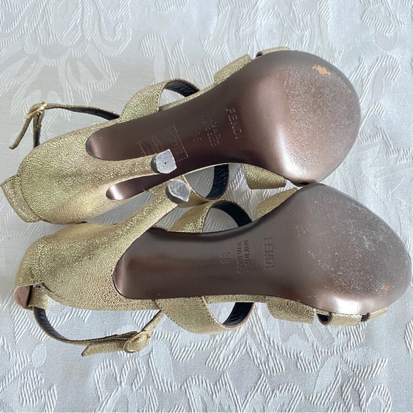 Fendi Gold Iridescent Leather Silver Studded Ankle Strap Sandals - Picture 9 of 9